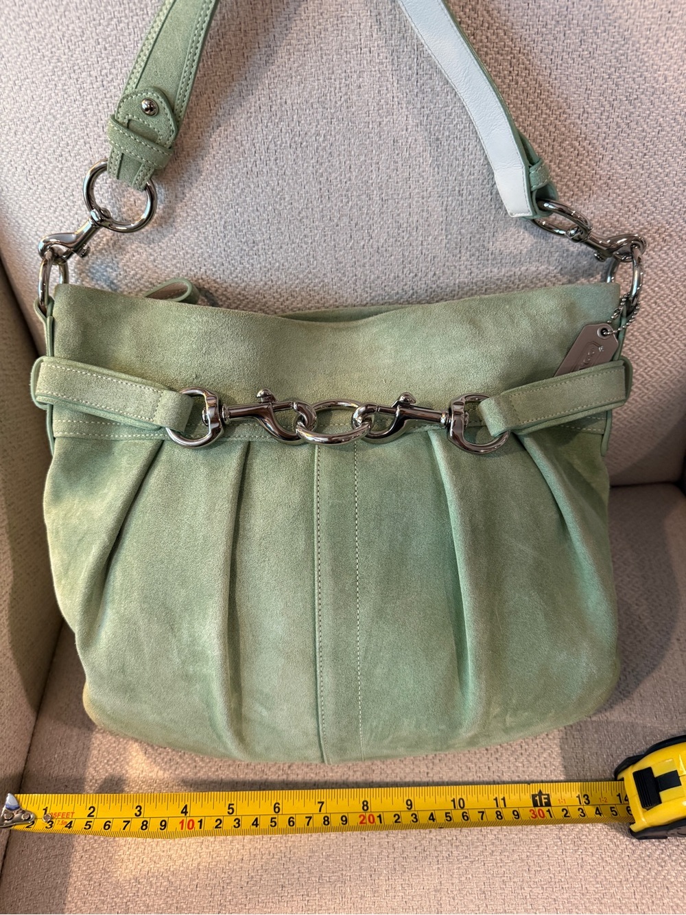 Coach Pale Green Suede Hobo with Silver Hardware